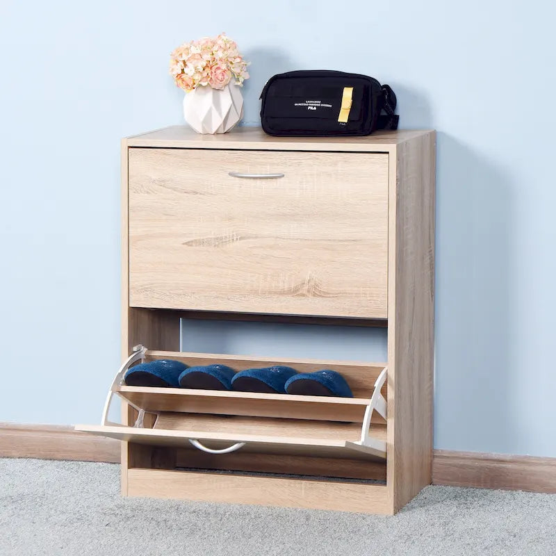 Wooden Shoe Cabinet for Entryway, White Shoe Storage Cabinet with 2 Flip Doors