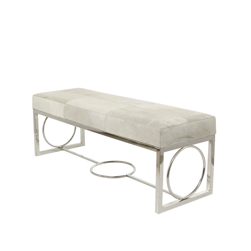 Leather Handmade Cowhide Bench with Geometric Cutout Silver Base - Beige - Roche River Decor - 18W x 48L x 17H