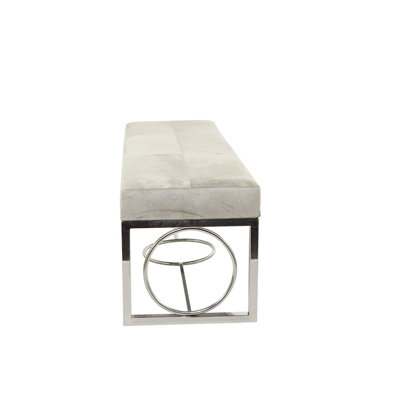 Leather Handmade Cowhide Bench with Geometric Cutout Silver Base - Beige - Roche River Decor - 18W x 48L x 17H