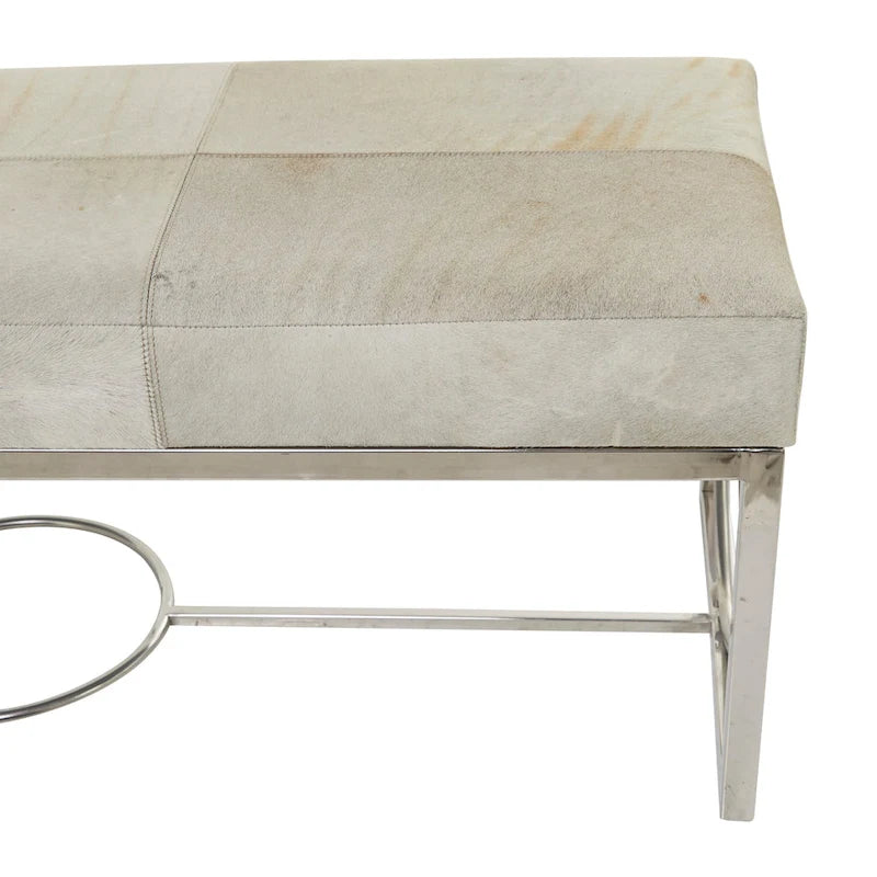 Leather Handmade Cowhide Bench with Geometric Cutout Silver Base - Beige - Roche River Decor - 18W x 48L x 17H