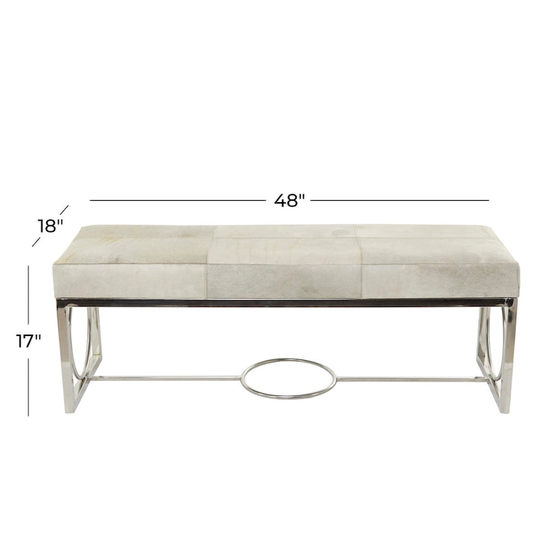 Leather Handmade Cowhide Bench with Geometric Cutout Silver Base - Beige - Roche River Decor - 18W x 48L x 17H