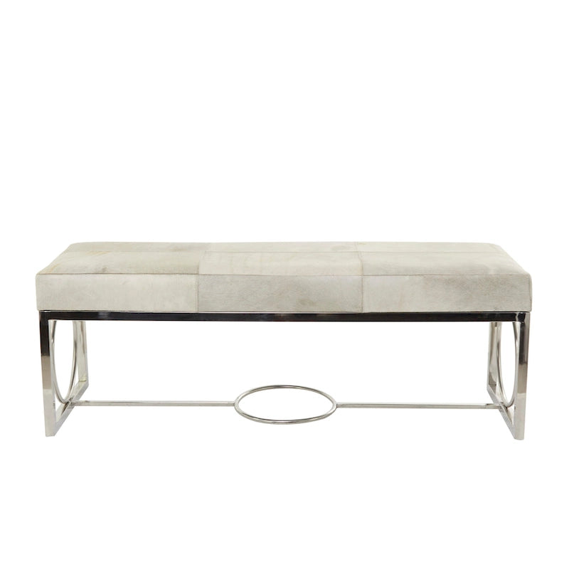 Leather Handmade Cowhide Bench with Geometric Cutout Silver Base - Beige - Roche River Decor - 18W x 48L x 17H