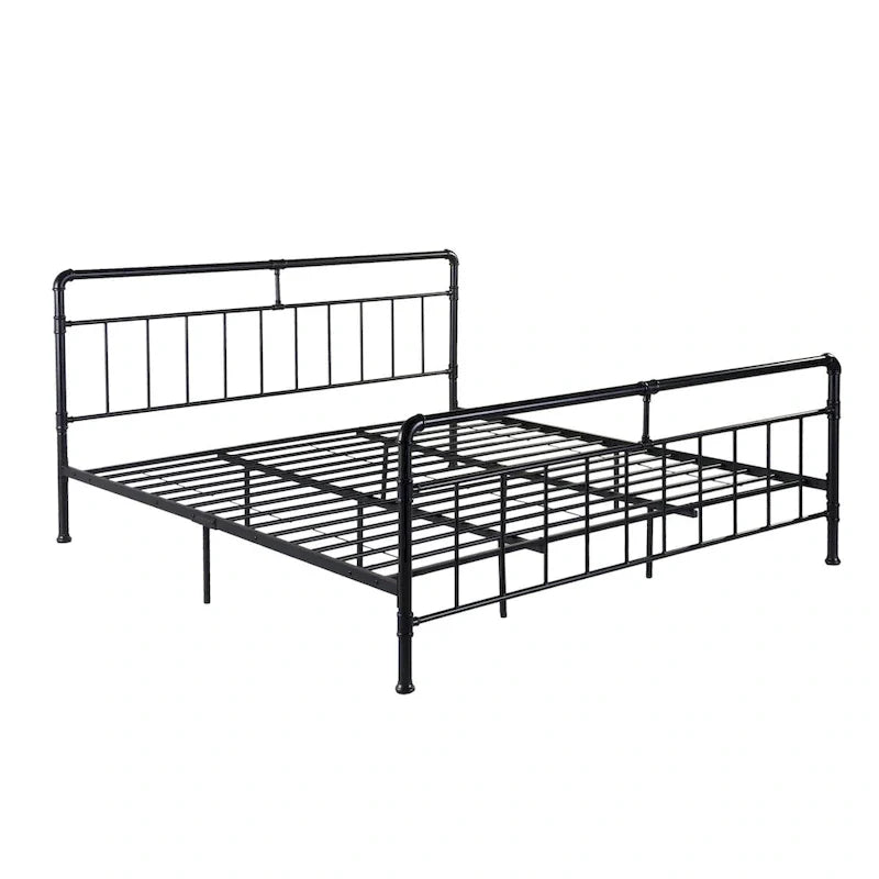 Black Industrial King Size Bed Frame with Iron Pipe Design