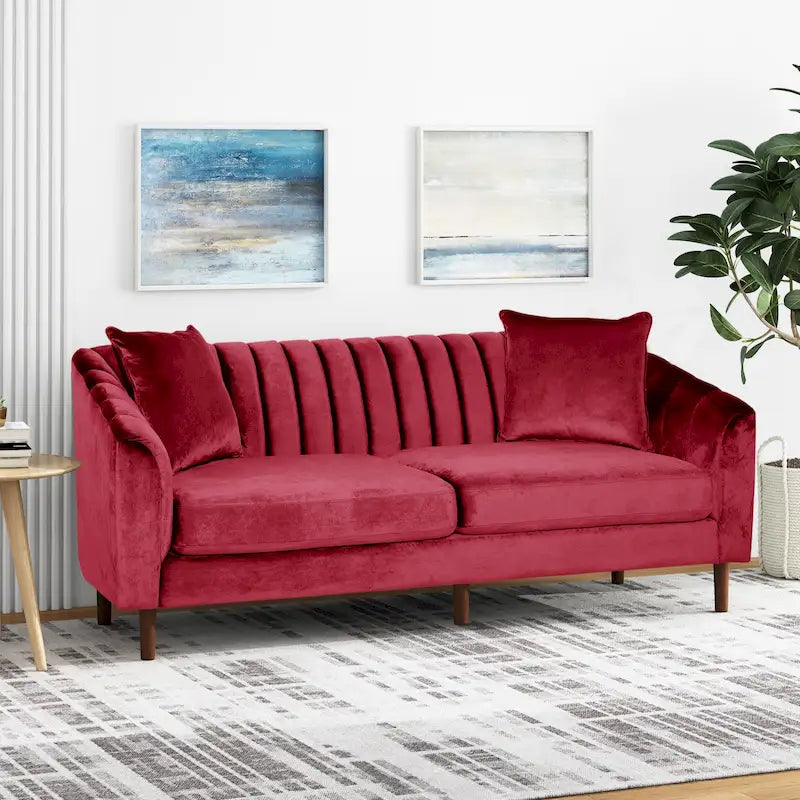 Velvet Channel-Tufted 3-Seat Sofa with Sloped Arms