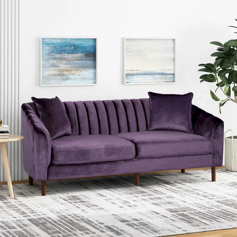 Velvet Channel-Tufted 3-Seat Sofa with Sloped Arms