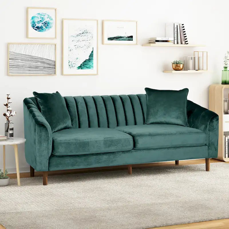 Velvet Channel-Tufted 3-Seat Sofa with Sloped Arms