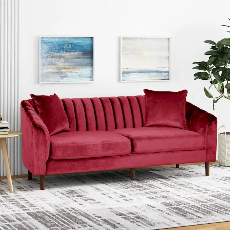 Velvet Channel-Tufted 3-Seat Sofa with Sloped Arms