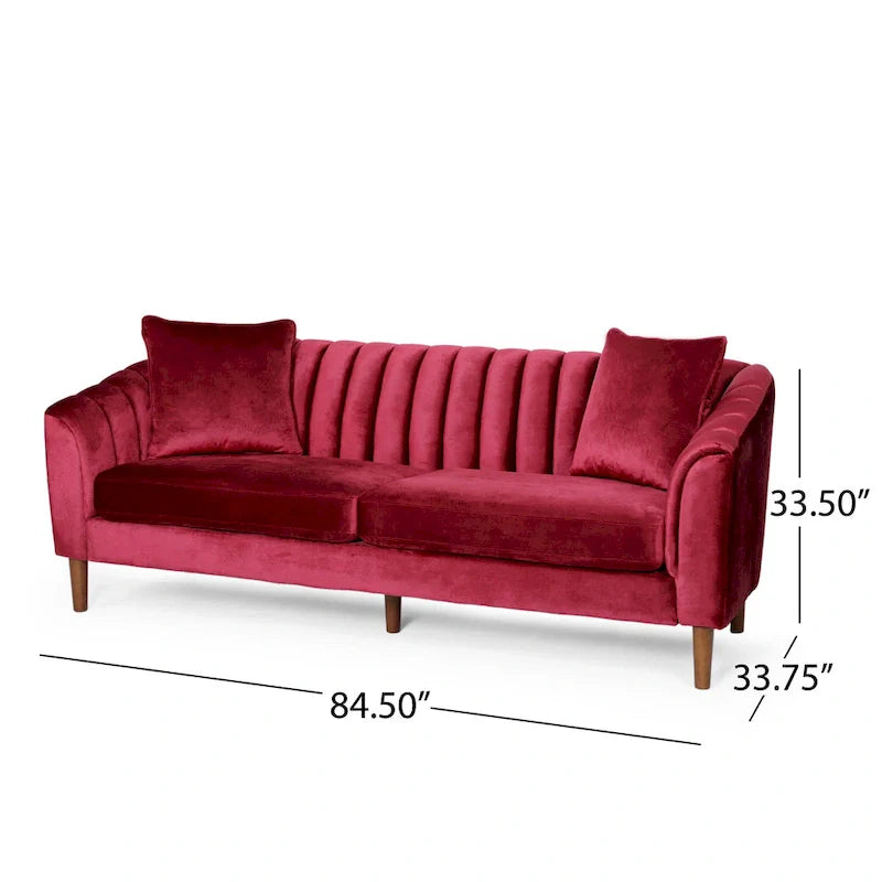 Velvet Channel-Tufted 3-Seat Sofa with Sloped Arms