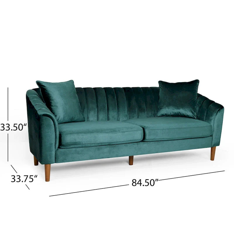 Velvet Channel-Tufted 3-Seat Sofa with Sloped Arms