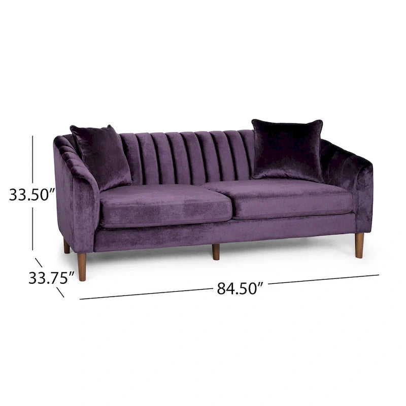 Velvet Channel-Tufted 3-Seat Sofa with Sloped Arms