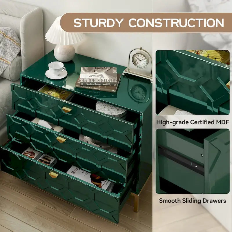 Modern Glossy 3-Drawer Storage Chest with Gold Accents
