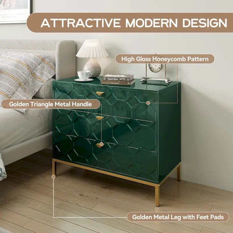 Modern Glossy 3-Drawer Storage Chest with Gold Accents