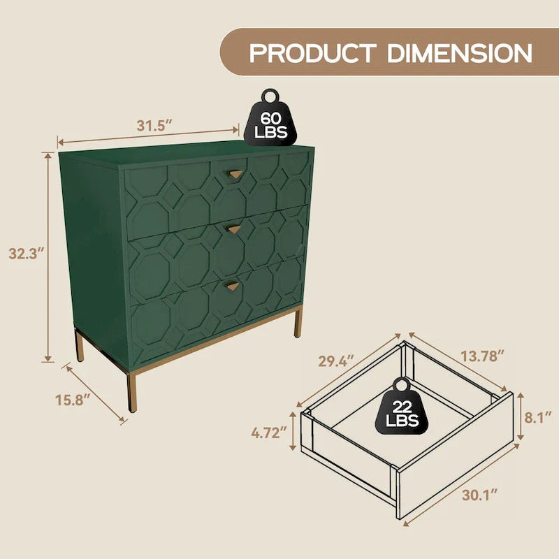 Modern Glossy 3-Drawer Storage Chest with Gold Accents