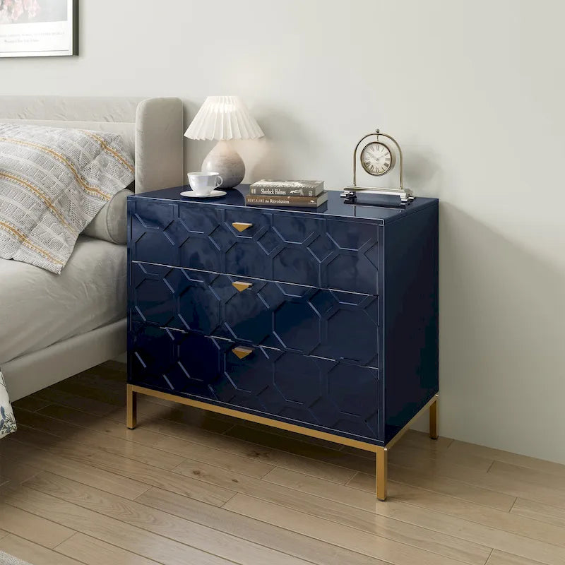 Modern Glossy 3-Drawer Storage Chest with Gold Accents