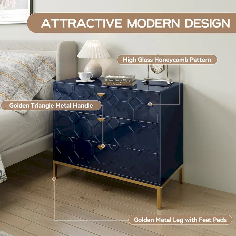 Modern Glossy 3-Drawer Storage Chest with Gold Accents