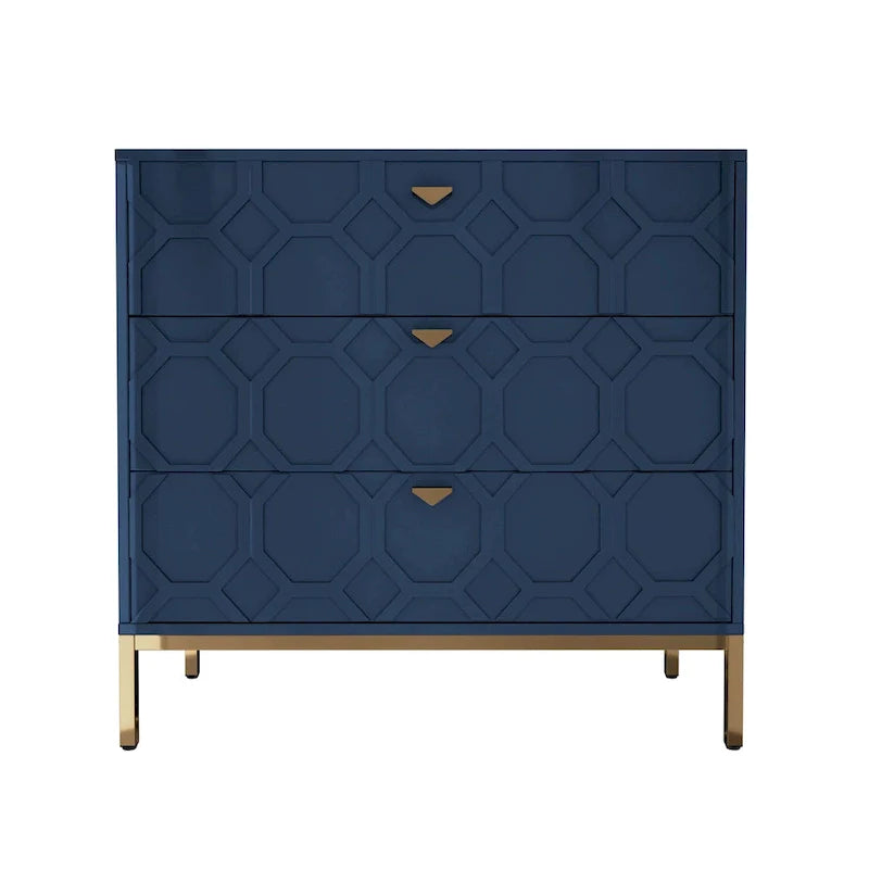 Modern Glossy 3-Drawer Storage Chest with Gold Accents