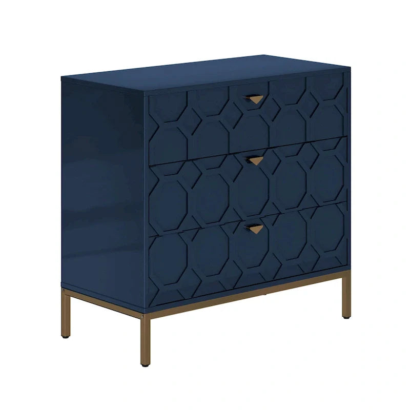 Modern Glossy 3-Drawer Storage Chest with Gold Accents