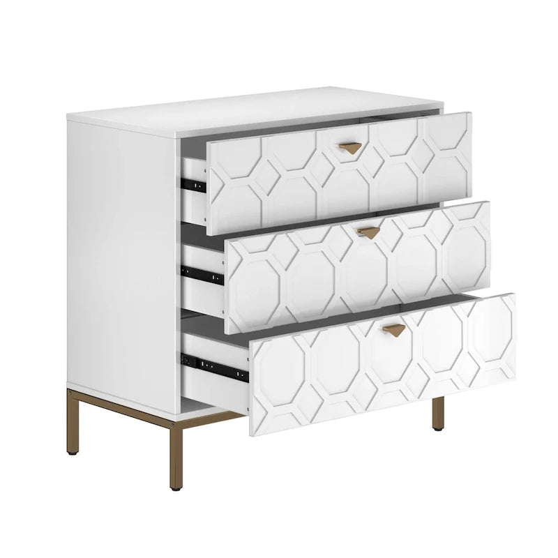 Modern Glossy 3-Drawer Storage Chest with Gold Accents