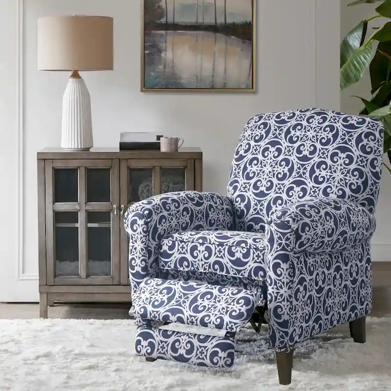 Navy Patterned Push Back Recliner Chair with Rolled Arms