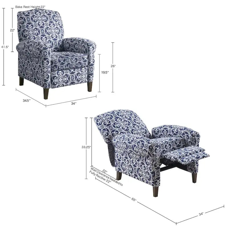 Navy Patterned Push Back Recliner Chair with Rolled Arms