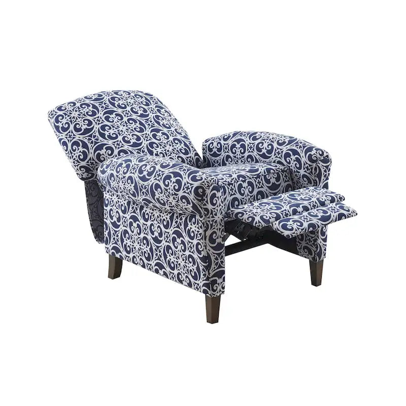 Navy Patterned Push Back Recliner Chair with Rolled Arms