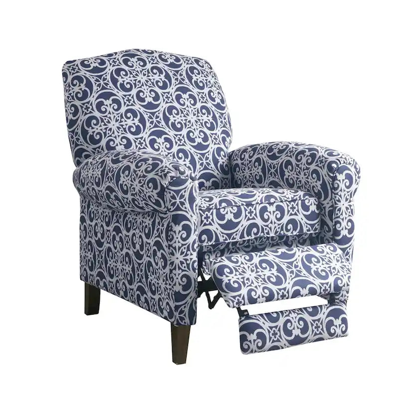 Navy Patterned Push Back Recliner Chair with Rolled Arms