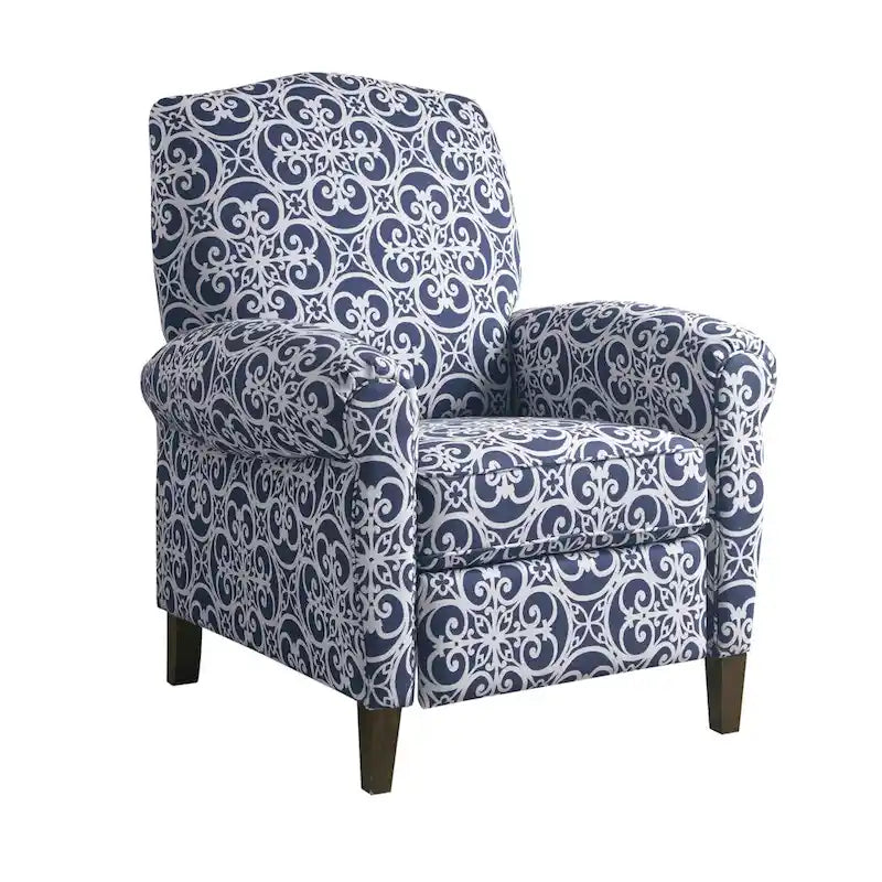 Navy Patterned Push Back Recliner Chair with Rolled Arms
