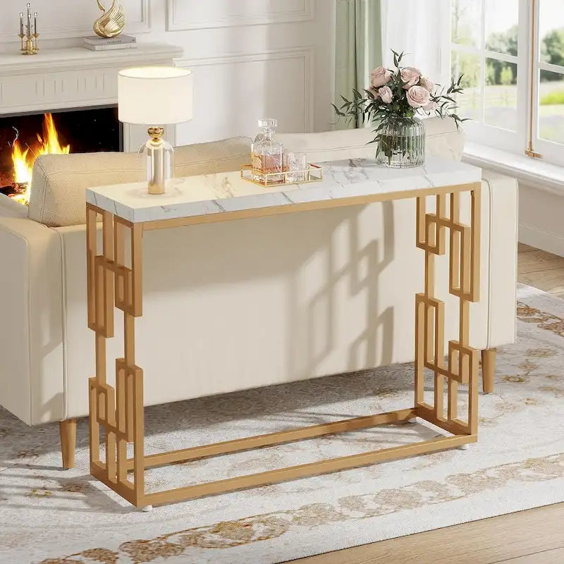 White Faux Marble Console Table with Gold Metal Legs