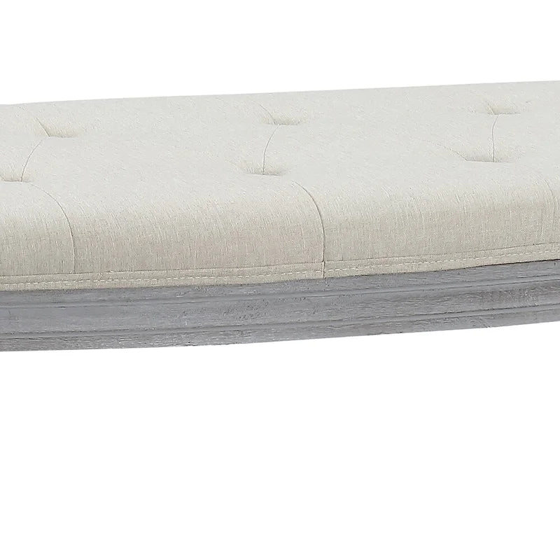 Coastal Tufted Beige Upholstered Wood Leg Bench