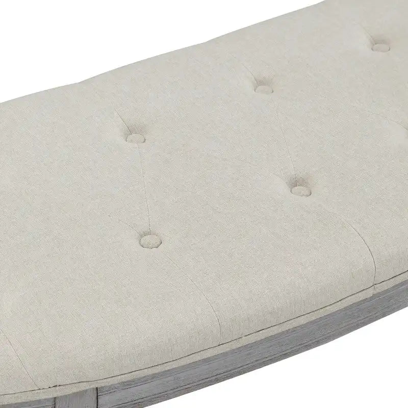 Coastal Tufted Beige Upholstered Wood Leg Bench