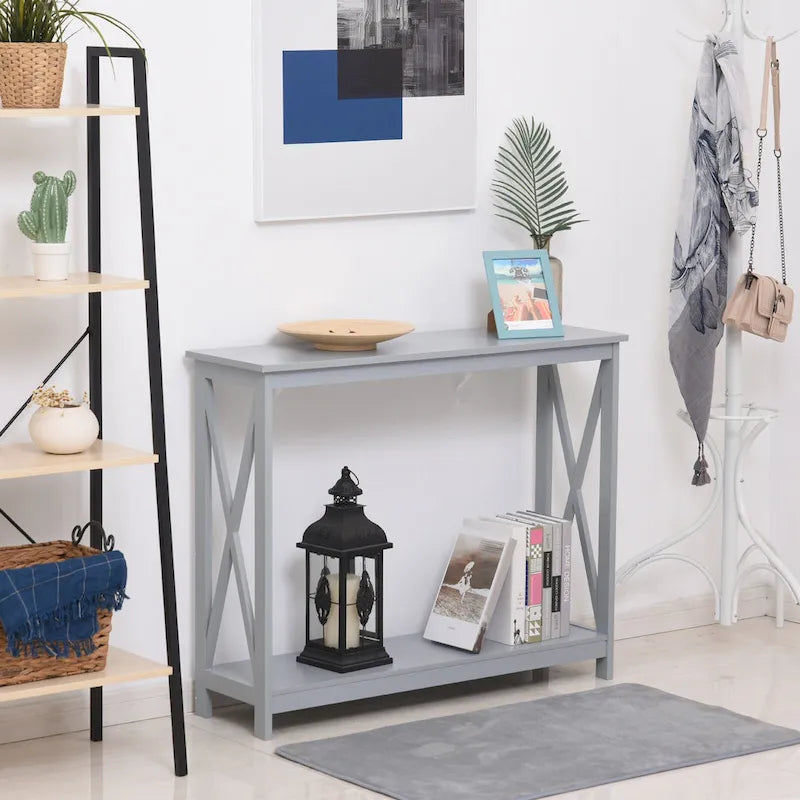 Grey 2-Tier Console Table with Storage Shelf