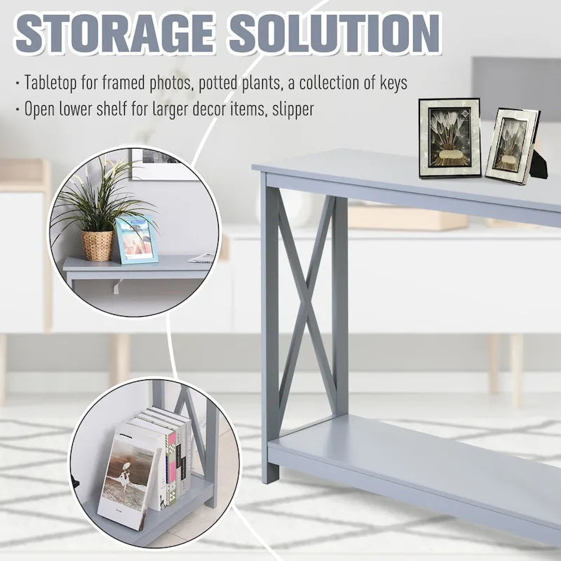 Grey 2-Tier Console Table with Storage Shelf