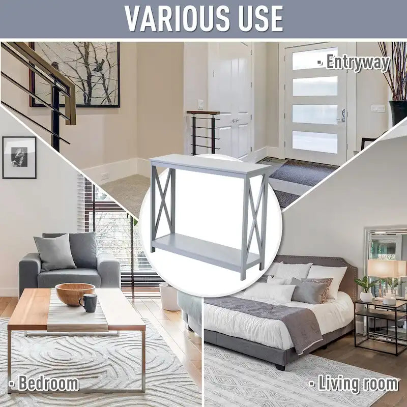 Grey 2-Tier Console Table with Storage Shelf