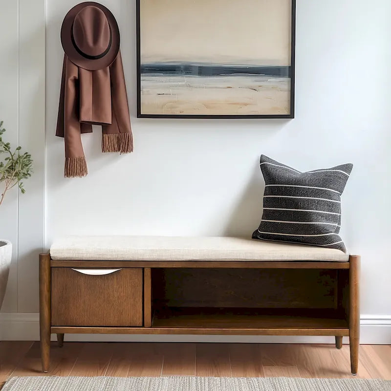 Walnut Mid-Century Storage Bench with Upholstered Cushion - 2 Seater