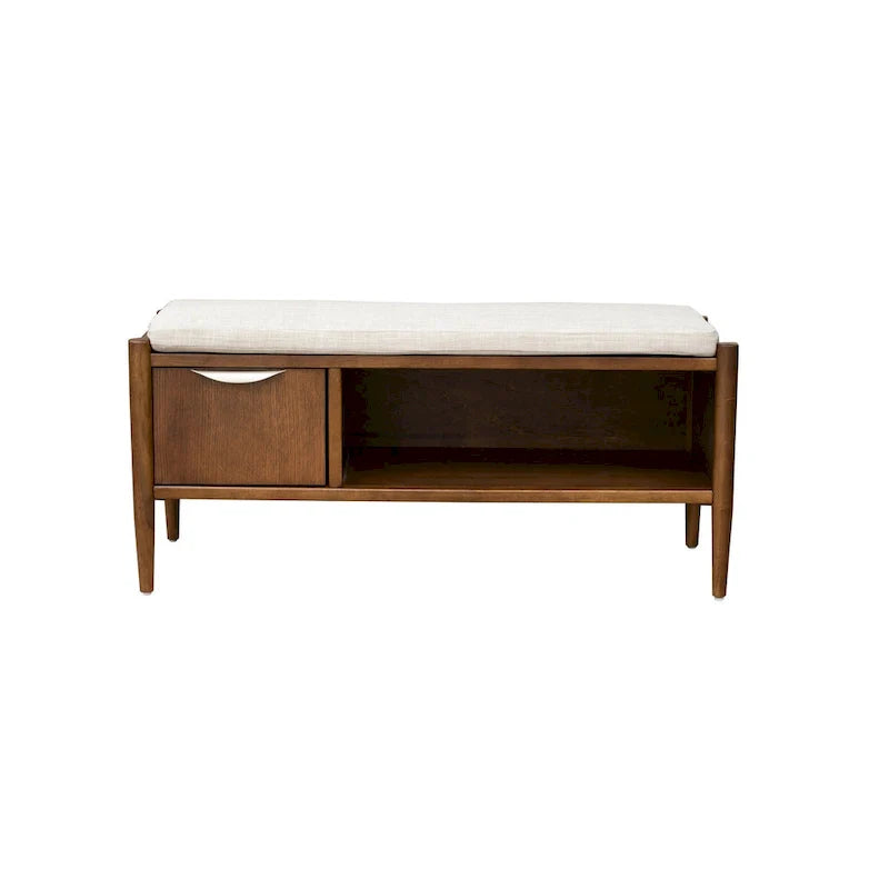 Walnut Mid-Century Storage Bench with Upholstered Cushion - 2 Seater