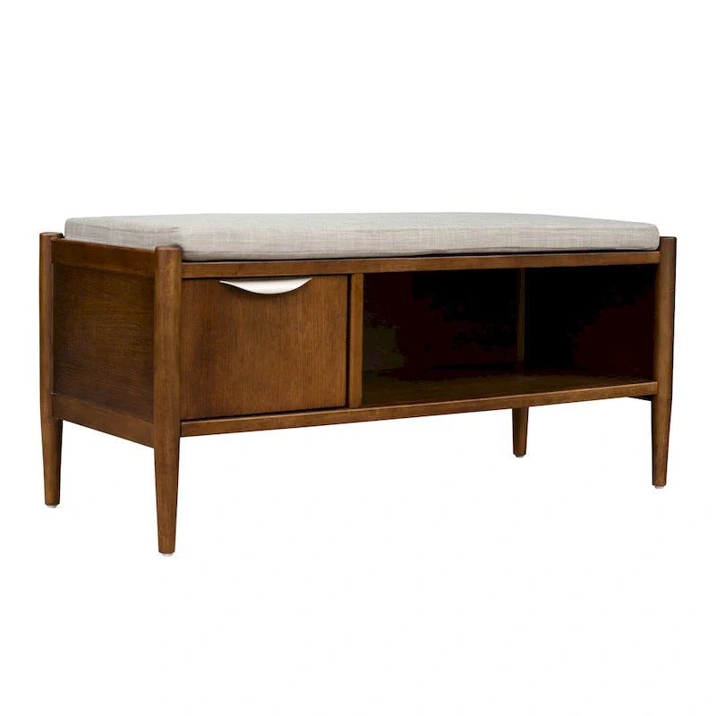 Walnut Mid-Century Storage Bench with Upholstered Cushion - 2 Seater