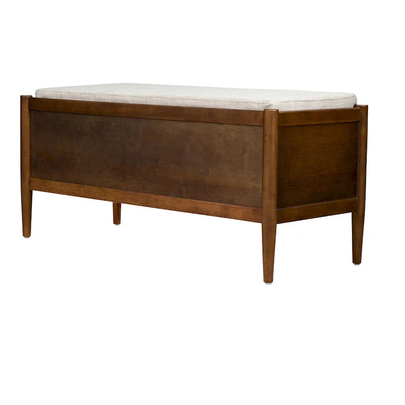 Walnut Mid-Century Storage Bench with Upholstered Cushion - 2 Seater