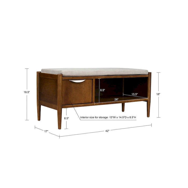 Walnut Mid-Century Storage Bench with Upholstered Cushion - 2 Seater