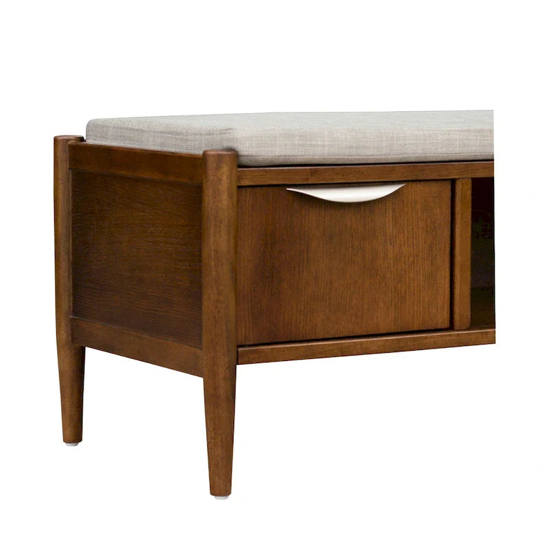 Walnut Mid-Century Storage Bench with Upholstered Cushion - 2 Seater
