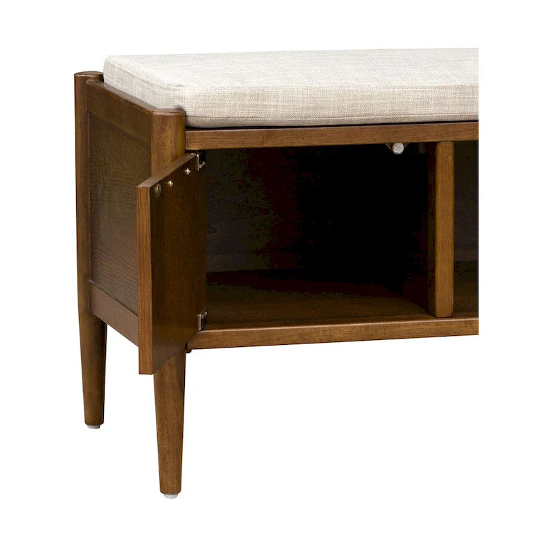 Walnut Mid-Century Storage Bench with Upholstered Cushion - 2 Seater