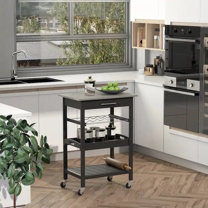 HOMCOM Kitchen island Cart Rolling Trolley Utility Serving Cart with Stainless Steel Tabletop, Wine Rack & Drawer
