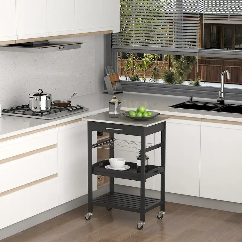 HOMCOM Kitchen island Cart Rolling Trolley Utility Serving Cart with Stainless Steel Tabletop, Wine Rack & Drawer