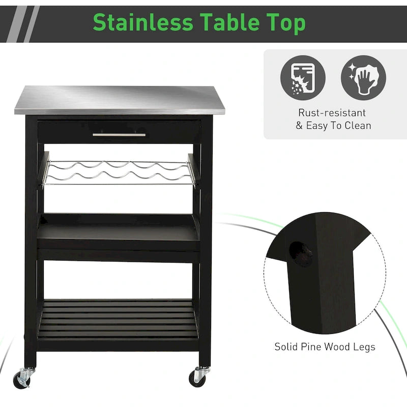 HOMCOM Kitchen island Cart Rolling Trolley Utility Serving Cart with Stainless Steel Tabletop, Wine Rack & Drawer