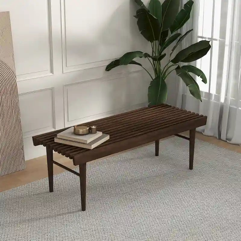 Silvie Mid-Century Solid Wood Upholstered Bench in Brown