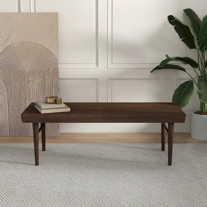 Silvie Mid-Century Solid Wood Upholstered Bench in Brown