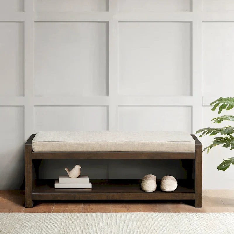 Wood Veneer Accent Bench with Lower Storage Shelf and Cushion