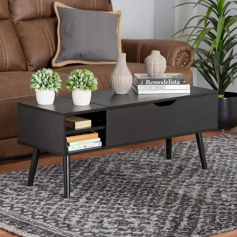 Black and Espresso Brown Coffee Table with Lift-Top Storage