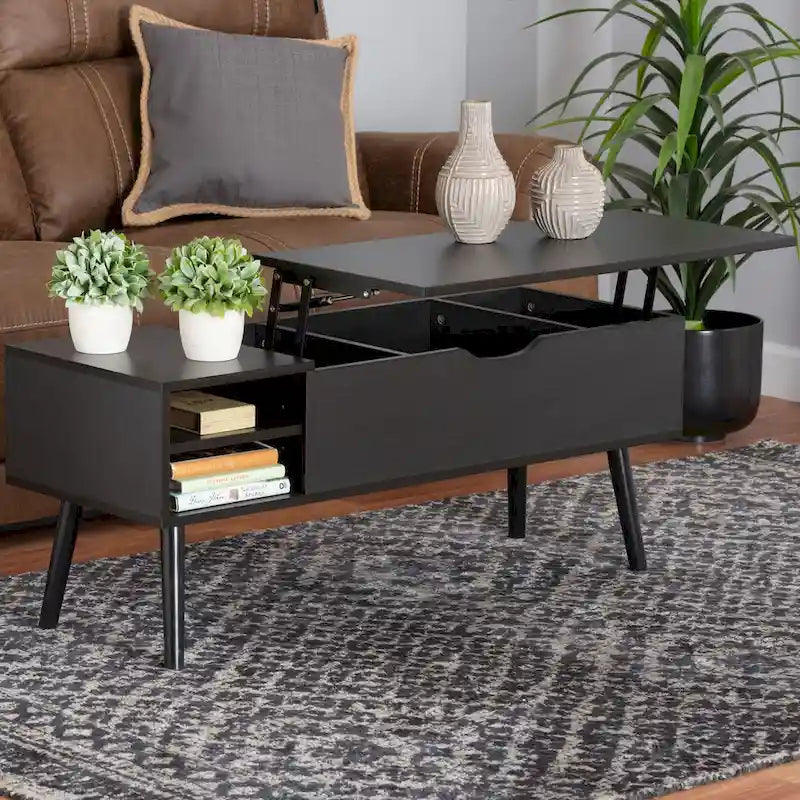 Black and Espresso Brown Coffee Table with Lift-Top Storage