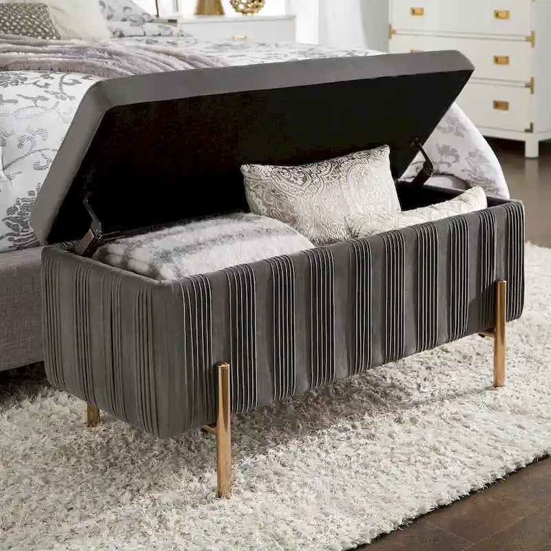 Lisbeth Grey Pleated Velvet Lift-Top Storage Bench by iNSPIRE Q Bold
