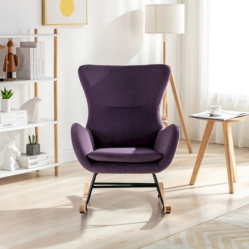 Velvet Upholstered Rocking Chair with Rubber Wood Legs